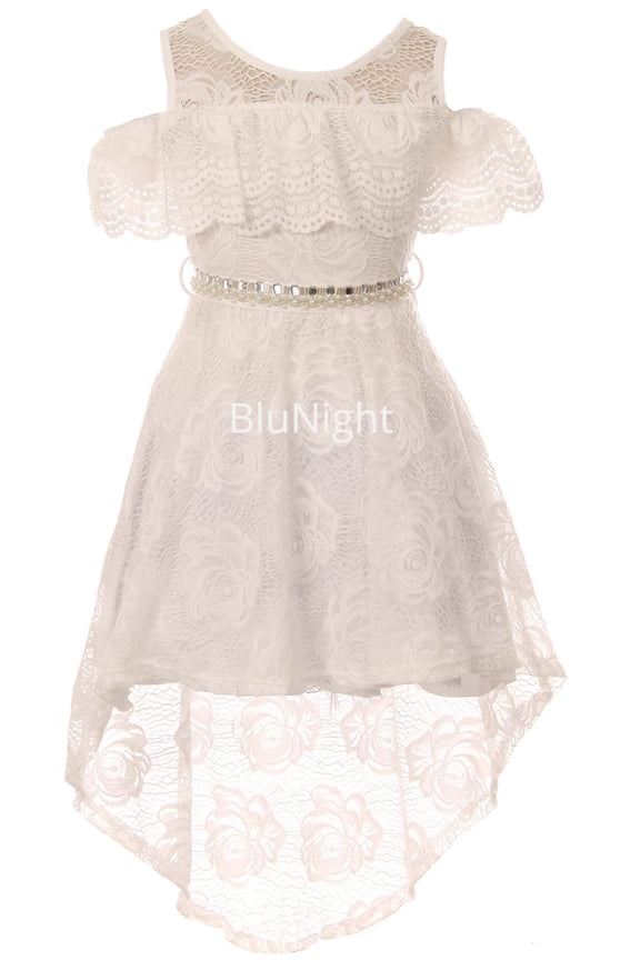 Big Girls Cold Shoulder Floral Lace Hi Lo Party First Communion Flower Girl Dress Off White 12 (2J1K7S6)