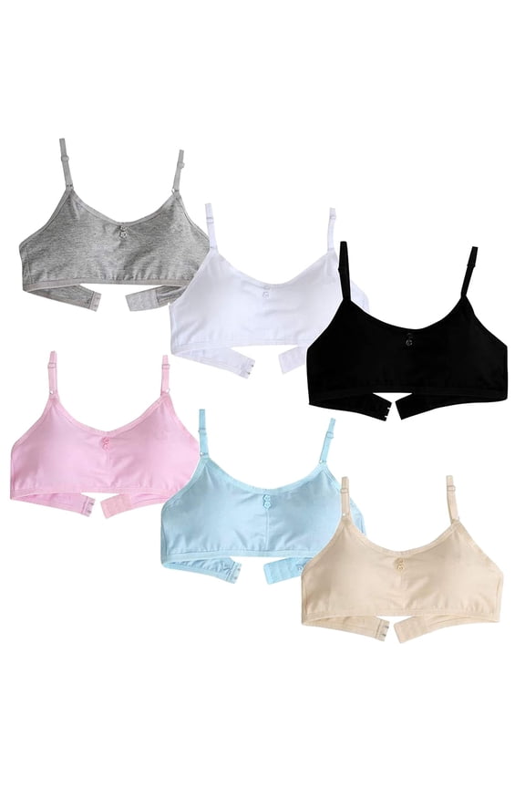 Big Girls Cotton Training Bra 5-Pack Wireless Light Padded Adjustable Straps Back Closure Soft Stretchy Breathable Smooth 10-16