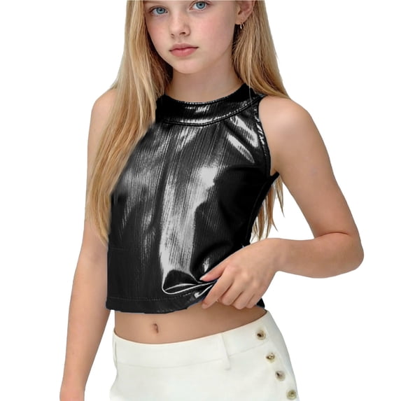 Big Girls Crop Tops, Glitter Tanks for Girl Casual Summer Crew Neck Sleeveless Dance Tank Tops, Black, 11 Years