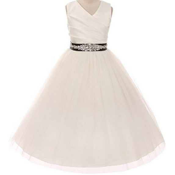 Big Girls' Custom Rhinestone Belt Communion Flowers Girls Dresses Ivory Black 10 (MB27K6CB)