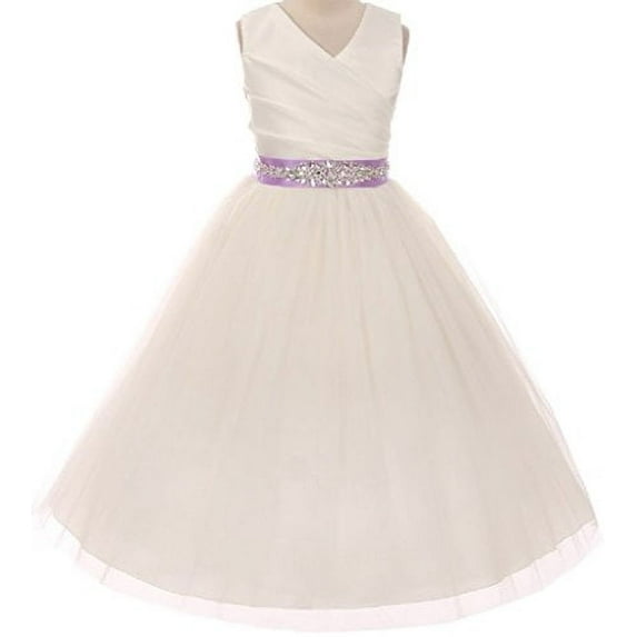 Big Girls' Custom Rhinestone Belt Communion Flowers Girls Dresses Ivory Lilac 12 (MB27K6CB)