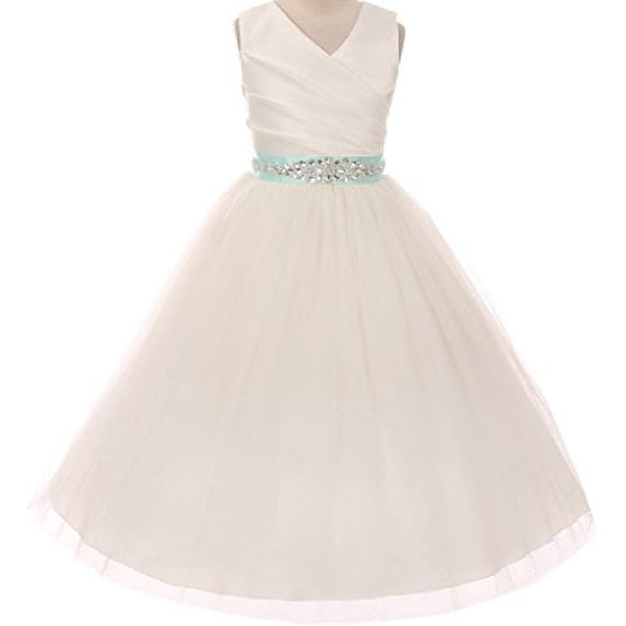 Big Girls' Custom Rhinestone Belt Communion Flowers Girls Dresses Ivory Mint 12 (MB27K6CB)