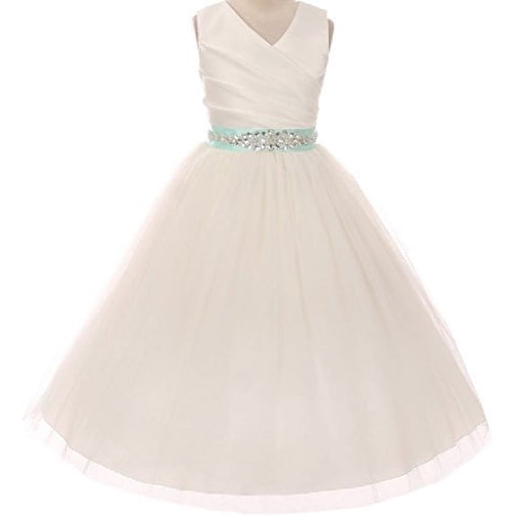 Big Girls' Custom Rhinestone Belt Communion Flowers Girls Dresses Ivory Mint 8 (MB27K6CB)