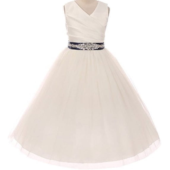 Big Girls' Custom Rhinestone Belt Communion Flowers Girls Dresses Ivory Navy 12 (MB27K6CB)