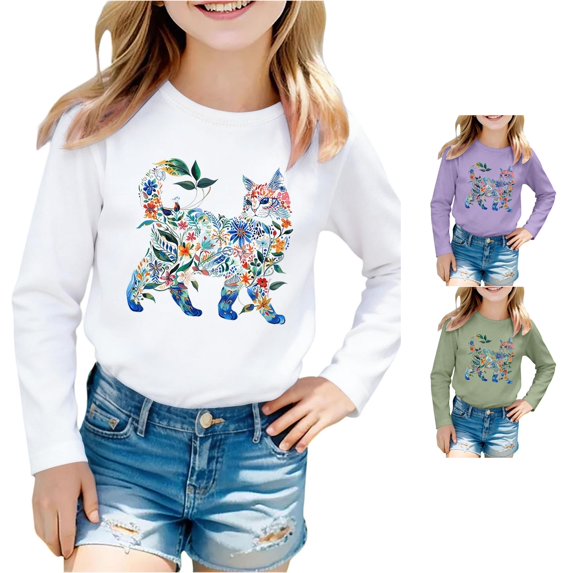 Big Girls Cute Long Sleeve T Shirts with Rabbit Printed Round Neck Top Size 11-12T , White