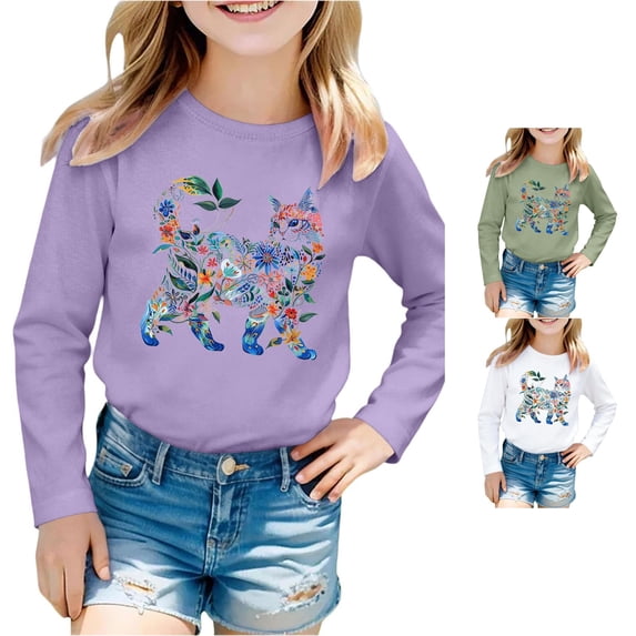 Big Girls Cute Long Sleeve T Shirts with Rabbit Printed Round Neck Top Size 9-10T , Purple