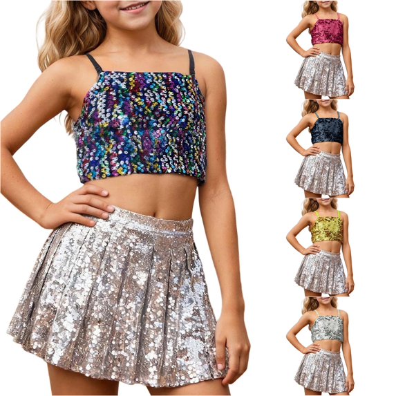 Big Girls Cute Sleeveless T Shirts Carnival Adjustable Elastic Band Sequined Top Exposes The Navel Teen Shirts Size Over 11T ,Red