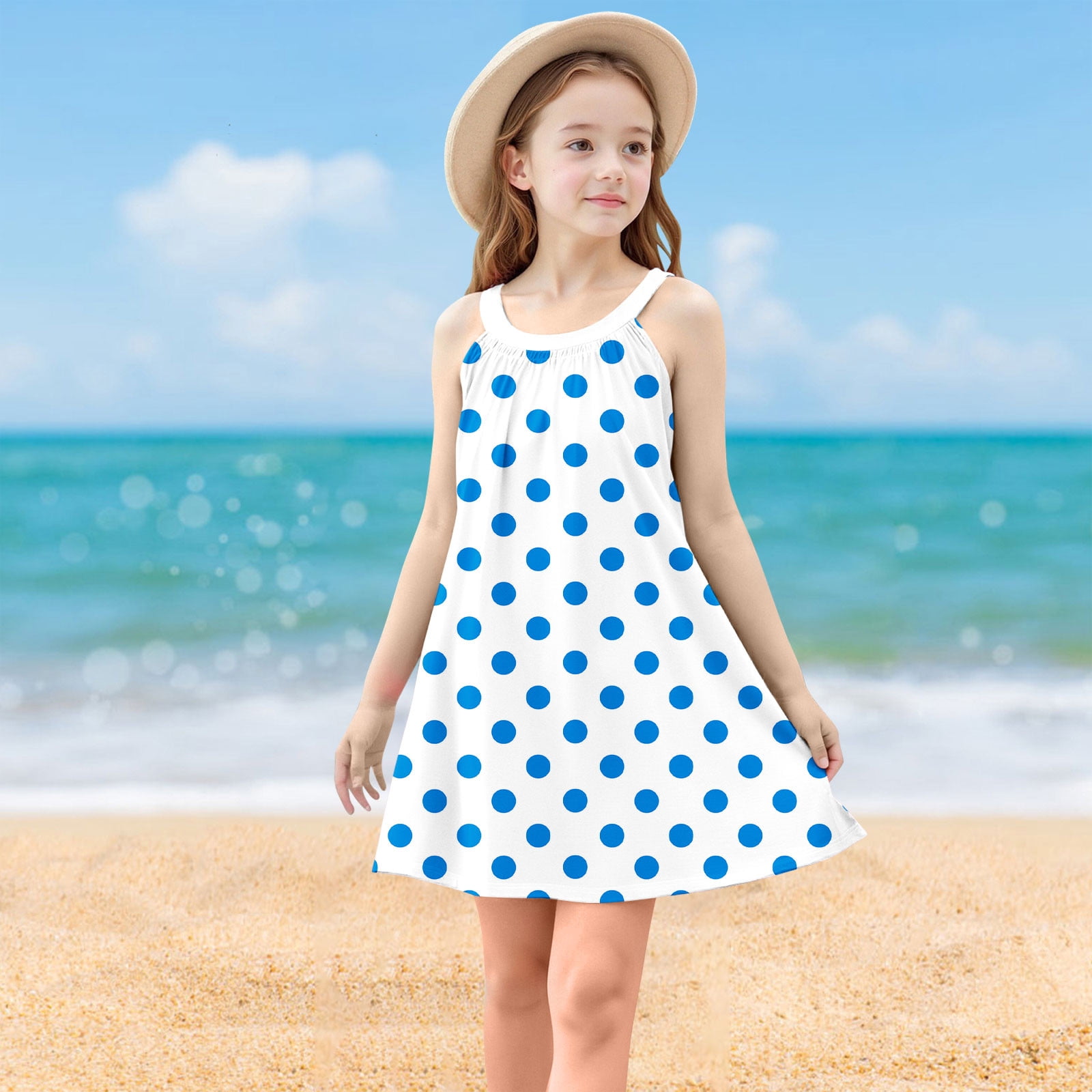 Big Girls Cute Summer Dresses Sleeveless Sundresses 4-14 Years Teens Kids Trendy Polka Dot Printed Pullover Crewneck A-Line Midi Dress