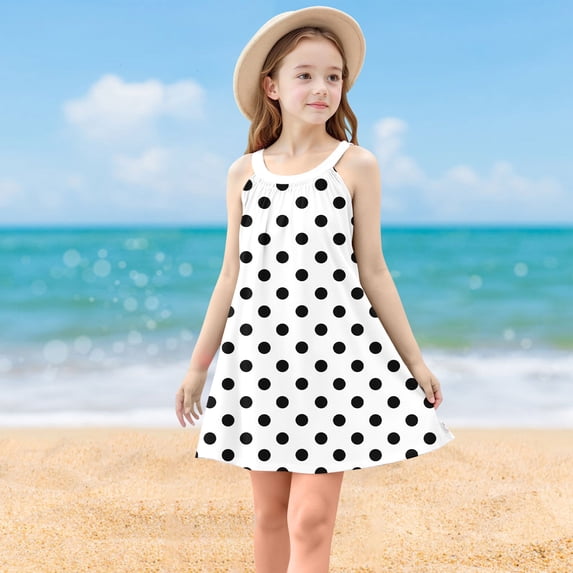 Big Girls Cute Summer Dresses Sleeveless Sundresses 4-14 Years Teens Kids Trendy Polka Dot Printed Pullover Crewneck A-Line Midi Dress
