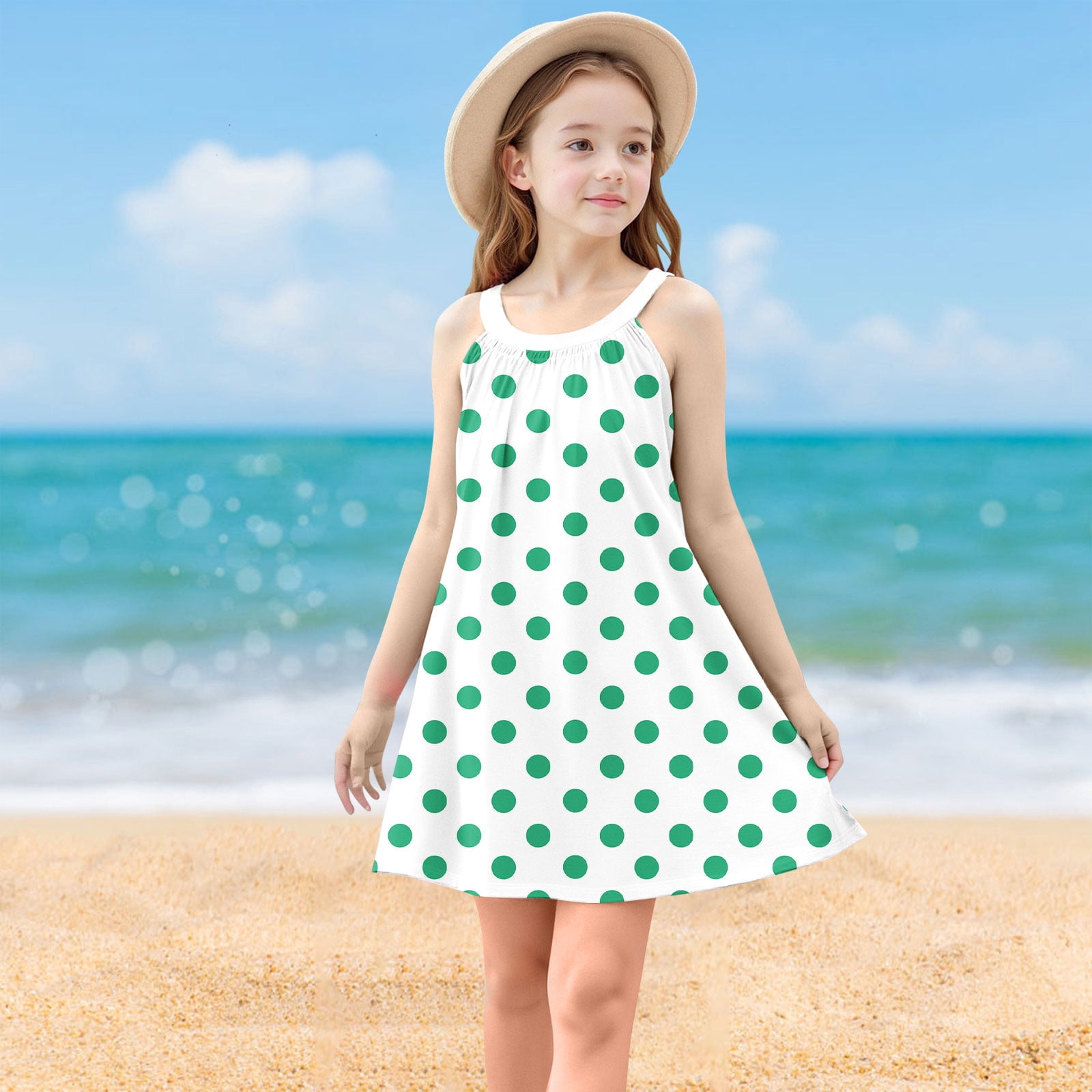 cute beach dresses for teens KSODFNXH Big Girls Cute Summer Dresses Sleeveless Sundresses 4-14 Years Teens Kids Trendy Polka Dot Printed Pullover Crewneck A-Line Midi Dress,