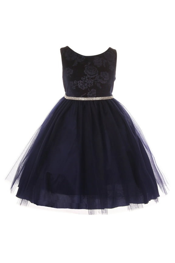 Big Girls Dress Embossed Floral Velvet Rhinestone Holiday Party Flower Girl Dress Navy 10 (K45D4)
