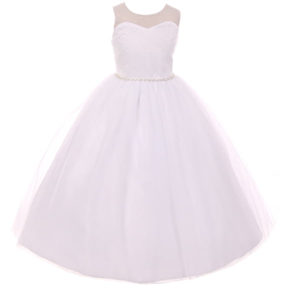 Big Girls' Dress Illusion Neckline Rhinestones First Communion Flower Girl Dress White Size 12 (T10R39K)