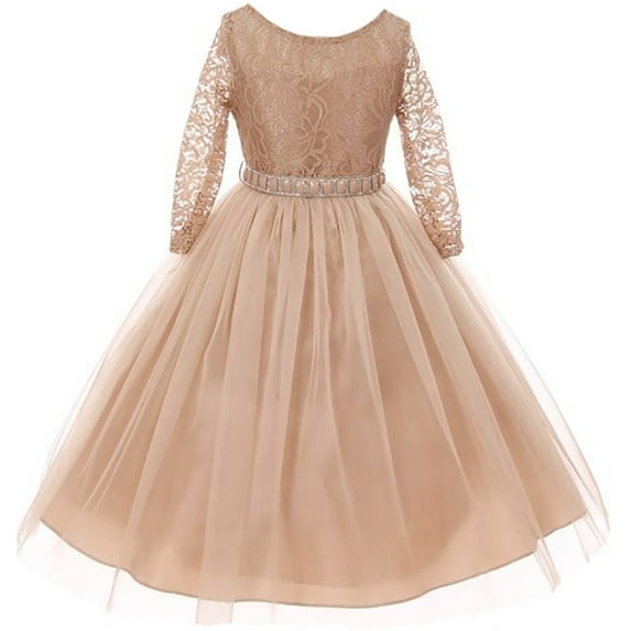 Big Girls' Dress Lace Top Rhinestones Tulle Holiday Christmas Party Flower Girl Dress Champagne Size 14 (M37BK2)