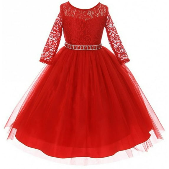 Big Girls' Dress Lace Top Rhinestones Tulle Holiday Christmas Party Flower Girl Dress Red Size 12 (M37BK2)