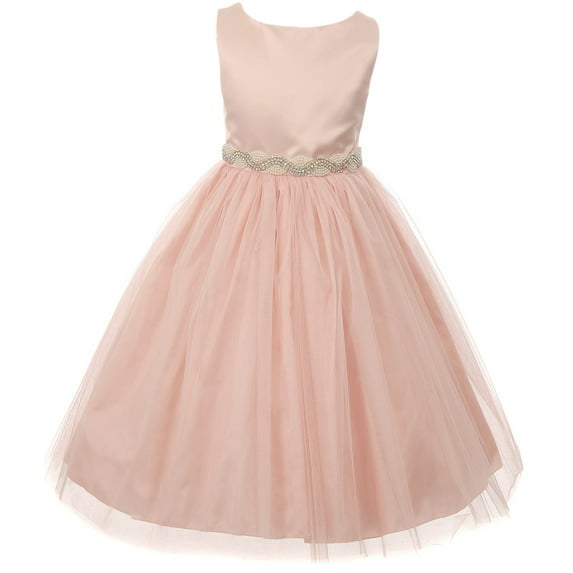 Big Girls' Dress Satin Pearl Rhinestones Tulle Pageant Party Flower Girl Dress Blush Size 10 (K64K43)