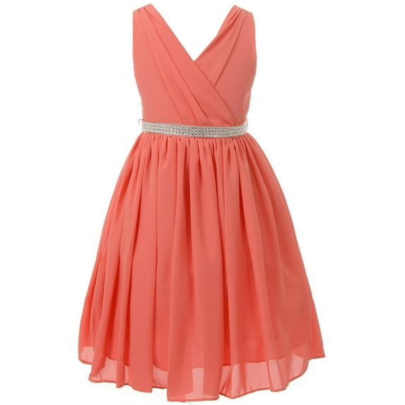 Big Girls' Dress Shirring Chiffon V Neck Easter Birthday Flower Girl Dress USA Coral Size 16 (G35G61)