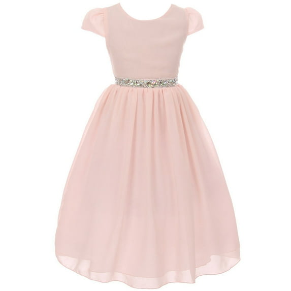 Big Girls' Dress Short Sleeve Chiffon Rhinestone Belt Holiday Party Flower Girl Dress Blush Size 8 (K64K20)