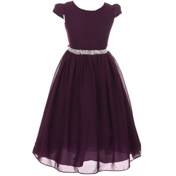 Big Girls' Dress Short Sleeve Chiffon Rhinestone Belt Holiday Party Flower Girl Dress Eggplant Size 10 (K64K20)