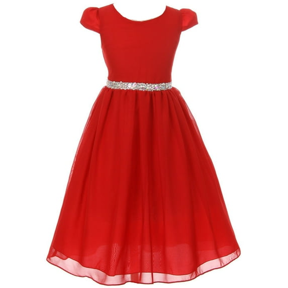 Big Girls' Dress Short Sleeve Chiffon Rhinestone Belt Holiday Party Flower Girl Dress Red Size 8 (K64K20)