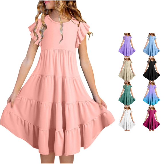 Big Girls Dress Short-sleeve Midi Double Layer Stylish Charming Sweet for Summer and Casual Dress Set