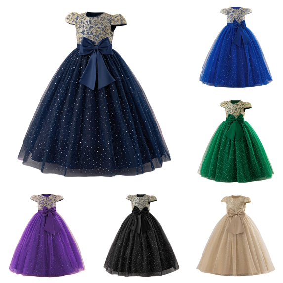 Big Girls Dress Short-sleeve Tutu Gown Elegant Bow Knot Warm for Party Comfortable Dress Set