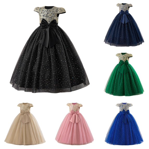 Big Girls Dress Short-sleeve Tutu Gown Elegant Bow Knot Warm for Party Comfortable Dress Set