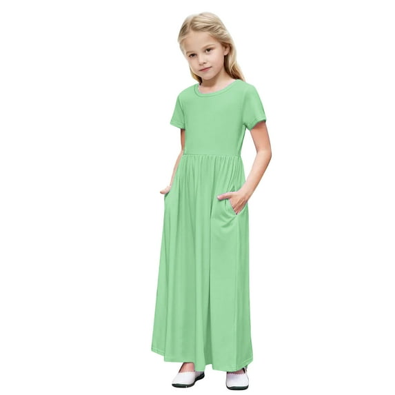 Big Girls Dress Spring Long Maxi Dresses with Pocket Summer Short Sleeve Crew Neck T-Shirt Dresses Solid Color Pleated A-Line Beach Sundress New Green-b 11T