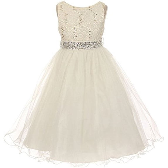 Big Girls Dress Wedding Pageant Sleeveless Lace Crystal Rhinestone Tulle Sash Flower Girl Dress Ivory 10 (M3B4K0)