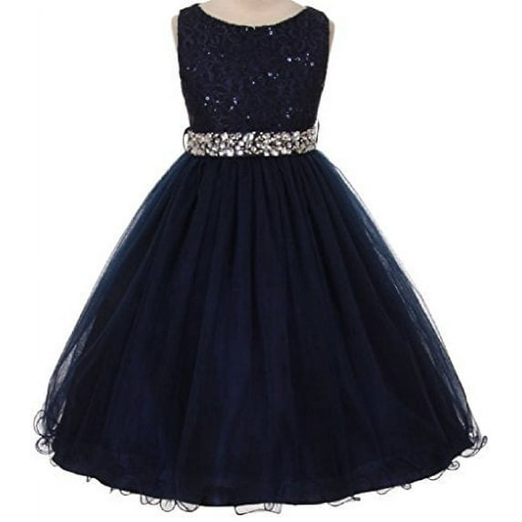 Big Girls Dress Wedding Pageant Sleeveless Lace Crystal Rhinestone Tulle Sash Flower Girl Dress Navy 8 (M3B4K0)