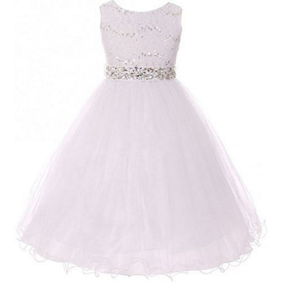 Big Girls Dress Wedding Pageant Sleeveless Lace Crystal Rhinestone Tulle Sash Flower Girl Dress White 12 (M3B4K0)