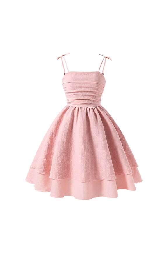 Big Girls Dresses 9 years Pink Girls Flowy Ruffled Hem/Puff Bubble Dress Ruched Summer Adjustable Spaghetti Strap Casual Cami Mini Dresses