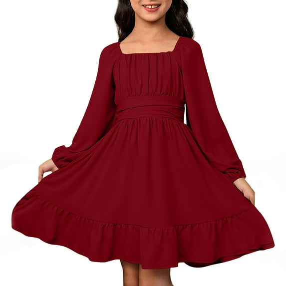Big Girls' Dresses Casual Long Sleeve Backless With Waist Tie Dress Up Clothes for Girls Size 12-13T,Red