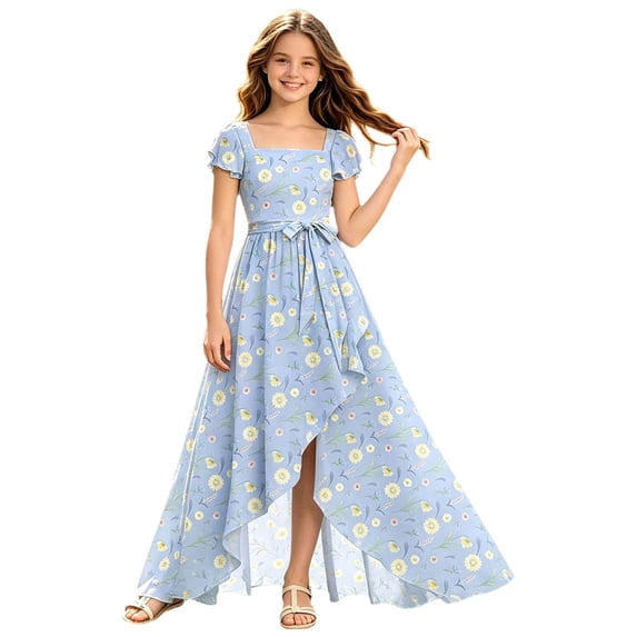 Big Girls Dresses Elegant Floral Flowing Ruffle Trim Party Girls formal Dress Size 13-14T
