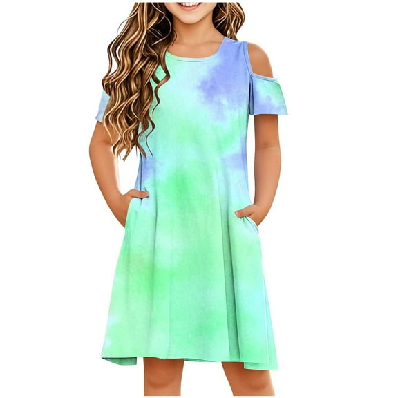 Big Girls Dresses Girl's Casual Cold Shoulder Tie-Dyed Short Sleeve Knee Length Shirts Dresses with Pockets Summer T-Shirt Beach Sundress New Green 7T