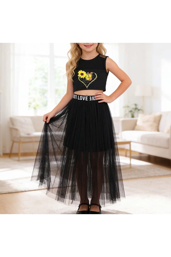 Big Girls Dresses Set Outfits Set Sleeveless Matching Sets Girls Summer Outfit Crop Top With Mesh Layered Skirt Two Piece Coordinated Play Dress Clothes Set Black 9-10 Years