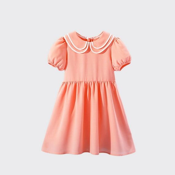 Big Girls Dresses Size 3-14 Teens Kids Cute Short Puffed Sleeve Doll-Collar Solid Color A-line Going-Out Dress 2025