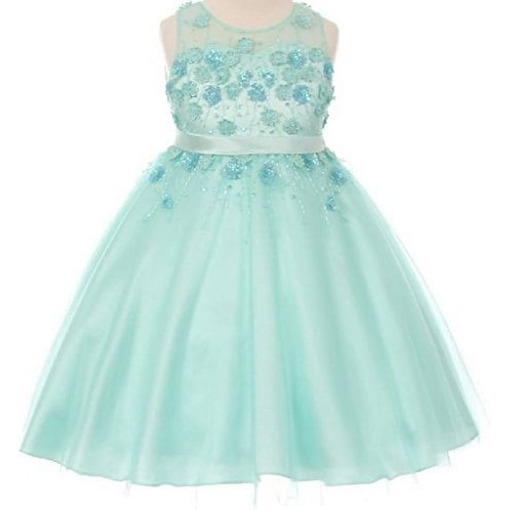 Big Girls Elegant 3D Flowers Sequence Tulle Saint Belt Waist Easter Flowers Girls Dresses Aqua 10 (C50C26C)