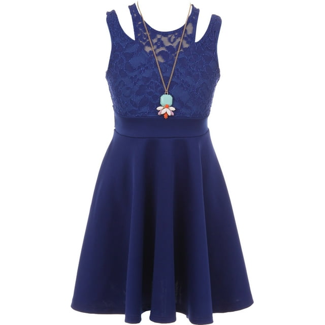 Big Girls Elegant Floral Lace Top Necklace Easter Party Flower Girl Dress Royal Blue 10 (2J1K1S4)