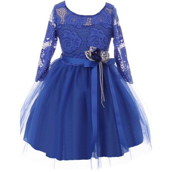 Big Girls Elegant Royal Floral Lace Illusion Top Satin Belt Birthday Flower Girl Dress Royal 10 (2J0K9S8)