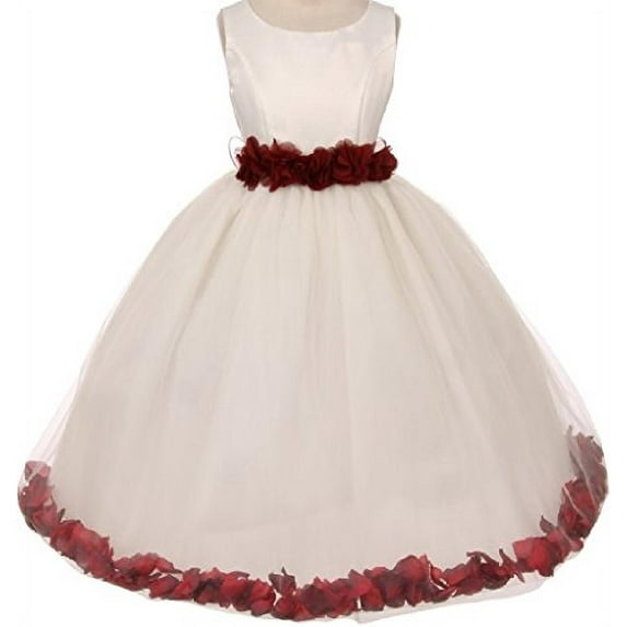 Big Girls' Elegant Satin Ribbon Sash Petals Flowers Girls Dresses Ivory Burgundy 10