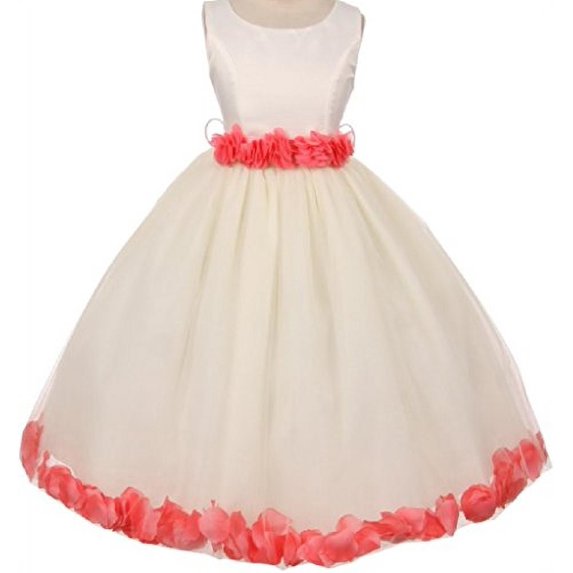 Big Girls' Elegant Satin Ribbon Sash Petals Flowers Girls Dresses Ivory Coral 16