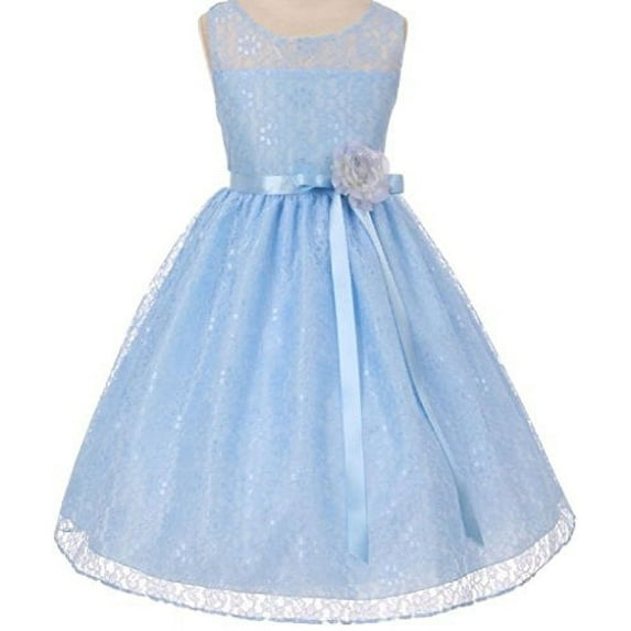 Big Girls' Elegant Sleeveless Floral Lace Satin Sash Flower Girl Dress Blue 10 (K63K78)