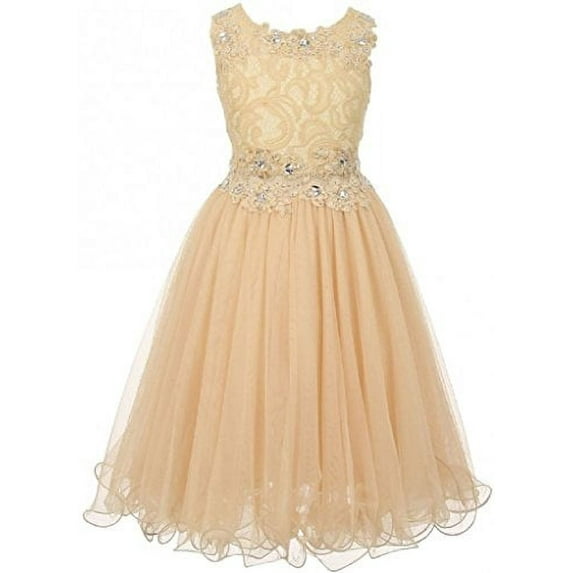 Big Girls' Elegant Sleeveless Lace Mesh Rhinestone See Through Pageant Flowers Girls Dress Champagne 12 (CC50C10)