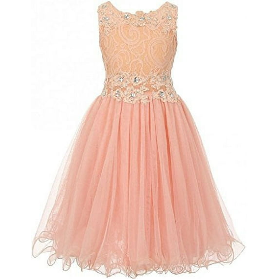 Big Girls' Elegant Sleeveless Lace Mesh Rhinestone See Through Pageant Flowers Girls Dress Peach 12 (CC50C10)