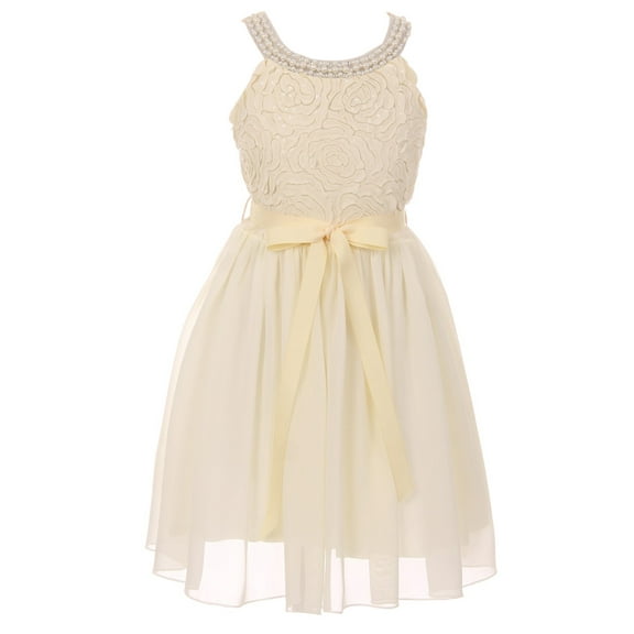 Big Girls Elegant Sleeveless Lace Pearl Chiffon Birthday Party Party Flower Girl Dress Ivory 10 (2J1K2S1)