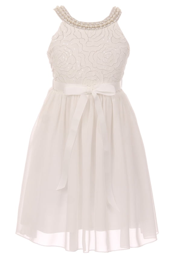 Big Girls Elegant Sleeveless Lace Pearl Chiffon Birthday Party Party Flower Girl Dress Off White 10 (2J1K2S1)