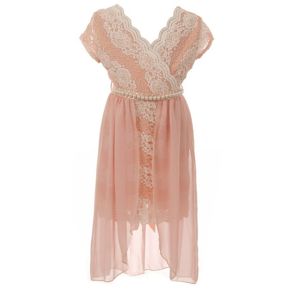 Big Girls Elegant V Neck Glitter Floral Lace Birthday Holiday Flower Girl Dress Pink 8 (2J1K4S3)