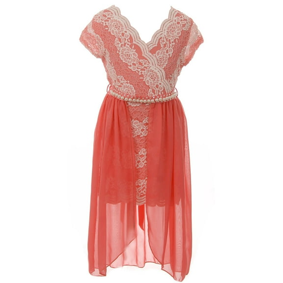 Big Girls Elegant V Neck Glitter Floral Lace Chiffon Rhinestone Pageant Flower Girl Dress Coral 8 (2J1K4S3)