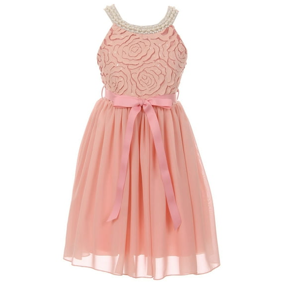Big Girls' Embroidery Lace Pearl Trim Chiffon Holiday Party Flower Girl Dress Blush 10 (J21KS21)