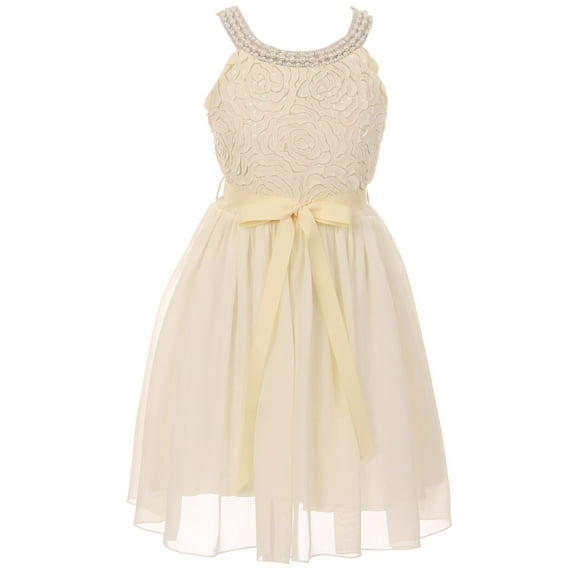Big Girls' Embroidery Lace Pearl Trim Chiffon Holiday Party Flower Girl Dress Ivory 8 (J21KS21)